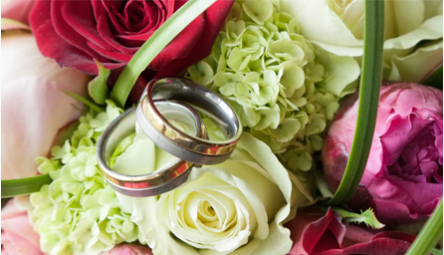 close up of wedding bands laid on bed of flowers