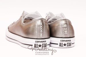 metallic silver trainer personalised with wedding date and name on the back