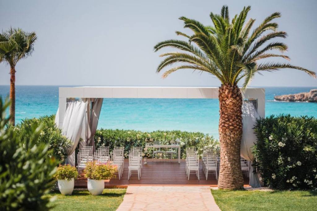 large palm tree and wedding gazebo overlooking the sea